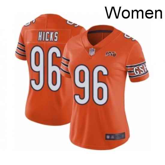 Womens Chicago Bears 96 Akiem Hicks Orange Alternate 100th Season Limited Football Jersey